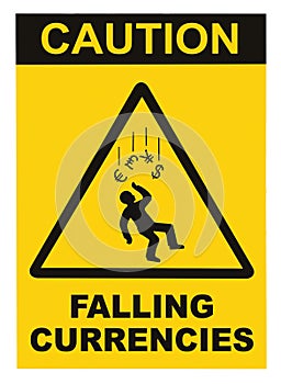 Caution Falling Currencies Objects Warning Sign Concept Isolated, black drop triangle over yellow, large macro, US Dollar, EU Euro