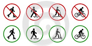 Caution Forbid Rollerskate Skateboard Bike Kick Scooter Pictogram Set. No Allow Wheel Eco Transport Sign. Permit Roller
