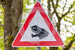 Caution: Frogs Crossing Road - Wildlife Safety Warning Street Sign