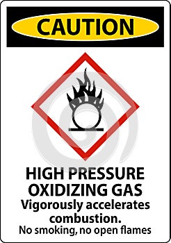 Caution High Pressure Oxidizing Gas GHS Sign On White Background