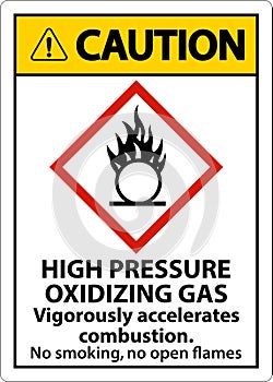 Caution High Pressure Oxidizing Gas GHS Sign On White Background