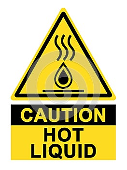 Caution hot liquid. Warning triangle sign with hot drop and text