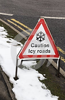 Caution icy roads warning sign