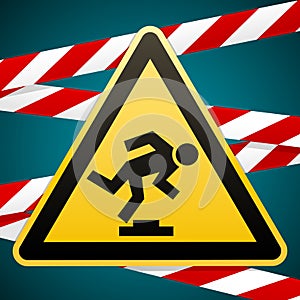 Caution, low-noticeable obstacle. Safety sign. Yellow triangle with black image on background of protective tape. Vector