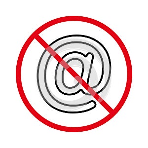 Caution No Allowed E-mail Spamming. Prohibited At Sign. Ban Email Spam Black Line Icon. Mail Address Red Stop Outline