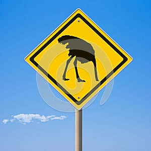 Caution ostrich ahead yellow road sign