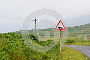 Caution otters crossing road sign in a green landscape in Scotland