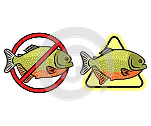 Caution piranha and swimming is prohibited, warning signs, logo design. Fish, animal, Amazon river and underwater life, vector des