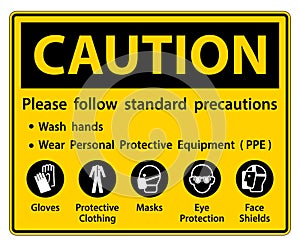 Caution Please follow standard precautions ,Wash hands,Wear Personal Protective Equipment PPE,Gloves Protective Clothing Masks Eye