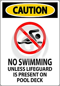 Caution Pool Sign No Swimming Unless Lifeguard Is Present On Pool Deck