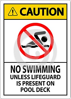 Caution Pool Sign No Swimming Unless Lifeguard Is Present On Pool Deck