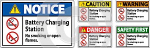 Caution Sign Battery Charging Station, No Smoking Or Open Flames