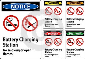 Caution Sign Battery Charging Station, No Smoking Or Open Flames