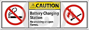 Caution Sign Battery Charging Station, No Smoking Or Open Flames