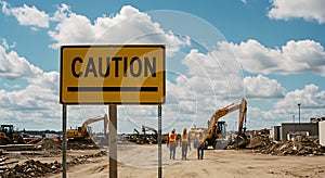 Caution Sign at Construction Site with Workers and Excavators