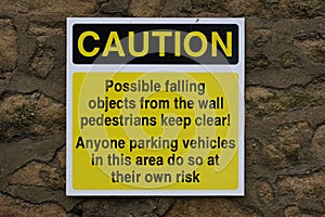 Caution sign for falling objects do not park