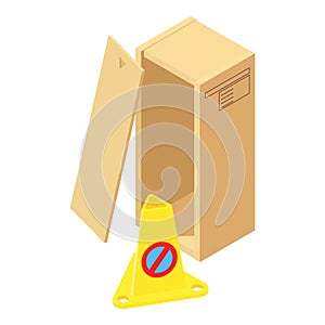 Caution sign icon isometric vector. Yellow traffic cone near open postal package