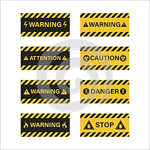 Caution sign set with black and yellow warning ribbon. Attention sign set vector. Warning sign with yellow and black color. Danger