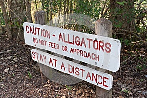 Caution sign warning about alligators in Brazos Bend State Park near Houston, Texas