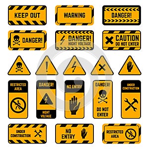 Caution signs. Danger warning yellow and black tape, poison biohazard striped signs, high voltage security perimeter