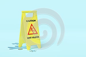 Caution slippery or wet floor caution plastic sign with wet area isolated on blue background. warning symbol, 3d render