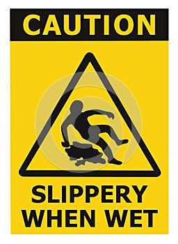 Caution Slippery When Wet Text Sign, Black Yellow Isolated Floor Surface Area Danger Warning Triangle Safety Icon Signage, Large