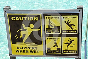 Caution slippery when wet yellow sign near stairs into the ocean