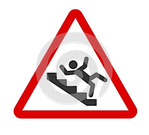 Caution stairway sign. A man falling down the stairs. A sign warning of danger. Slippery stairs icon in red triangle