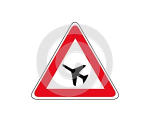 Caution street sign of low flying airplane over road warning vector illustration isolated on white background traffic symbol of