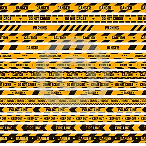 Caution stripe border. Warning yellow, black tape, criminal police line, hazard striped ribbons. Security perimeter tape