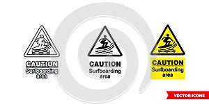 Caution surfboarding area hazard sign icon of 3 types color, black and white, outline. Isolated vector sign symbol.