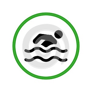 Caution Swim Zone Black Silhouette Icon. Notice Allowed Swimmer Pictogram. Permit Green Circle Symbol. Beach Allowed