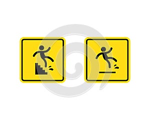 Caution symbols with stick figure man falling. Wet floor, tripping on stairs, fall down from ladder and over the egde. Vector on