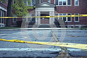 Caution tape across a road in front of a brick building