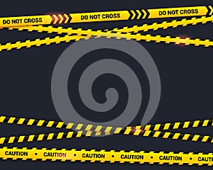 Caution tape on black background. Do not cross texted yellow crossed ribbons with light effect. Warning line in flat