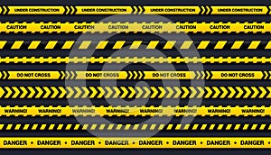 Caution tape set of yellow and black ribbons, for dangerous area, accident, police. Vector tape template with shadow on