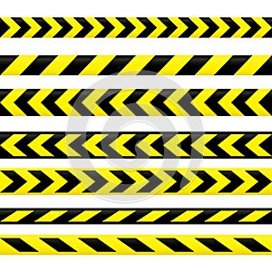 Caution tape set. Yellow and black warning stripes collection. Repeating construction, hazard, danger sellotapes