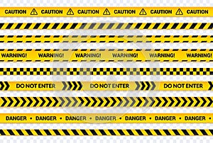 Caution tape set, yellow warning lines, danger symbol, arrows, yellow strips with black text and signs. Abstract