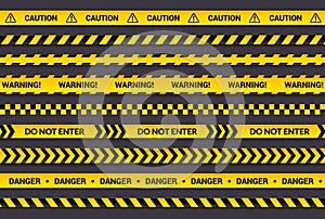 Caution tape set, yellow warning strips, danger symbol, arrows, yellow lines with black text and triangle sign