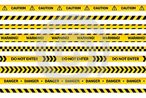 Caution tape set, yellow warning strips, danger symbol, arrows, yellow lines with black text and triangle sign. Flat