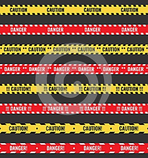 Caution tape sign set, danger police lines, ribbons with warning text