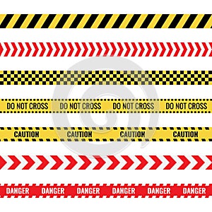 Caution tape sign set, danger police lines, ribbons with warning text
