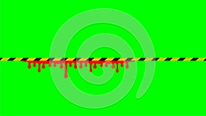 Caution tape stripe and blood drop on green screen background, red blood on caution tape for green screen video, warning tape line