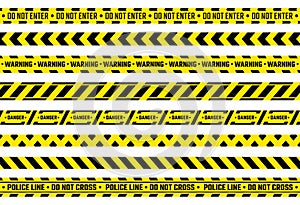 Caution tape. Yellow attention ribbon with warning signs, police evidence protection and construction protection tape photo