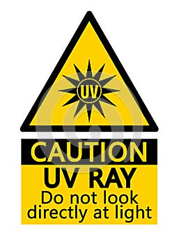 Caution UV ray. Warning yellow triangle sign with symbol and text