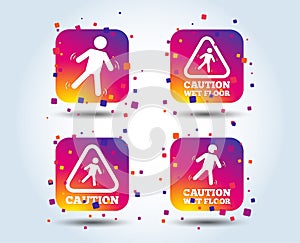 Caution wet floor icons. Human falling signs.