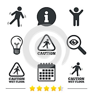 Caution wet floor icons. Human falling signs.