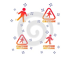 Caution wet floor icons. Human falling signs. Vector