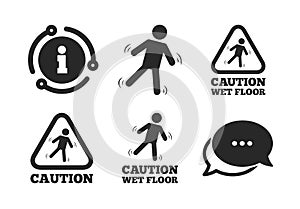 Caution wet floor icons. Human falling signs. Vector