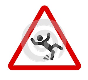 Caution wet floor sign. A man falling down icon in red triangle. Slippery floor. A sign warning of danger. Vector